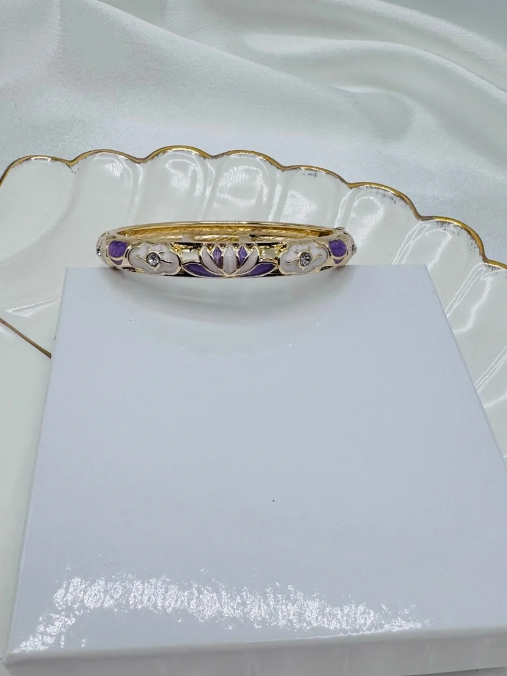 Gold Tone Purple Lotus Flower Enamel Hinged Bangle Bracelet Boho Floral